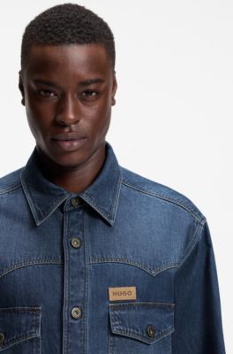 Oversized-fit shirt in cotton denim, Blue