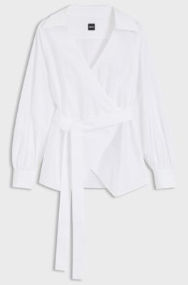 Regular-fit blouse with wrap front, White