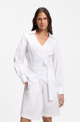 Regular-fit blouse with wrap front, White