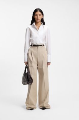 Long-sleeved shirt in cotton with pleating detail, White