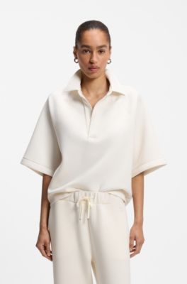 Loose-fit polo sweatshirt in scuba jersey, Natural