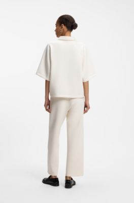 Loose-fit polo sweatshirt in scuba jersey, Natural
