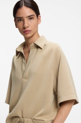 Loose-fit polo sweatshirt in scuba jersey, Beige
