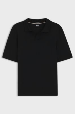 Merino-wool knit polo with Johnny collar, Black