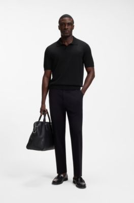 Merino-wool knit polo with Johnny collar, Black