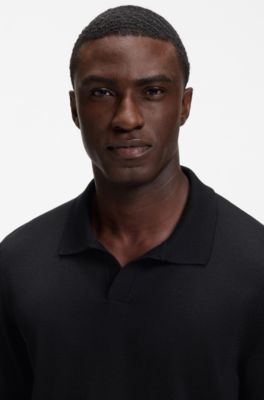 Merino-wool knit polo with Johnny collar, Black