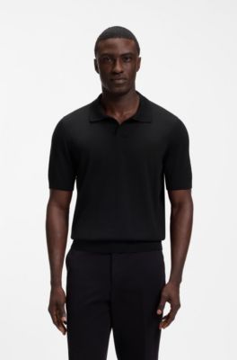 Merino-wool knit polo with Johnny collar, Black