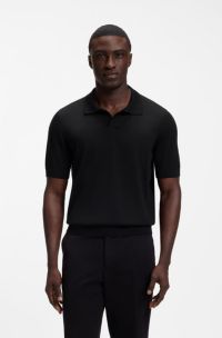 Polo en maille de laine m&eacute;rinos &agrave; col Johnny, Noir
