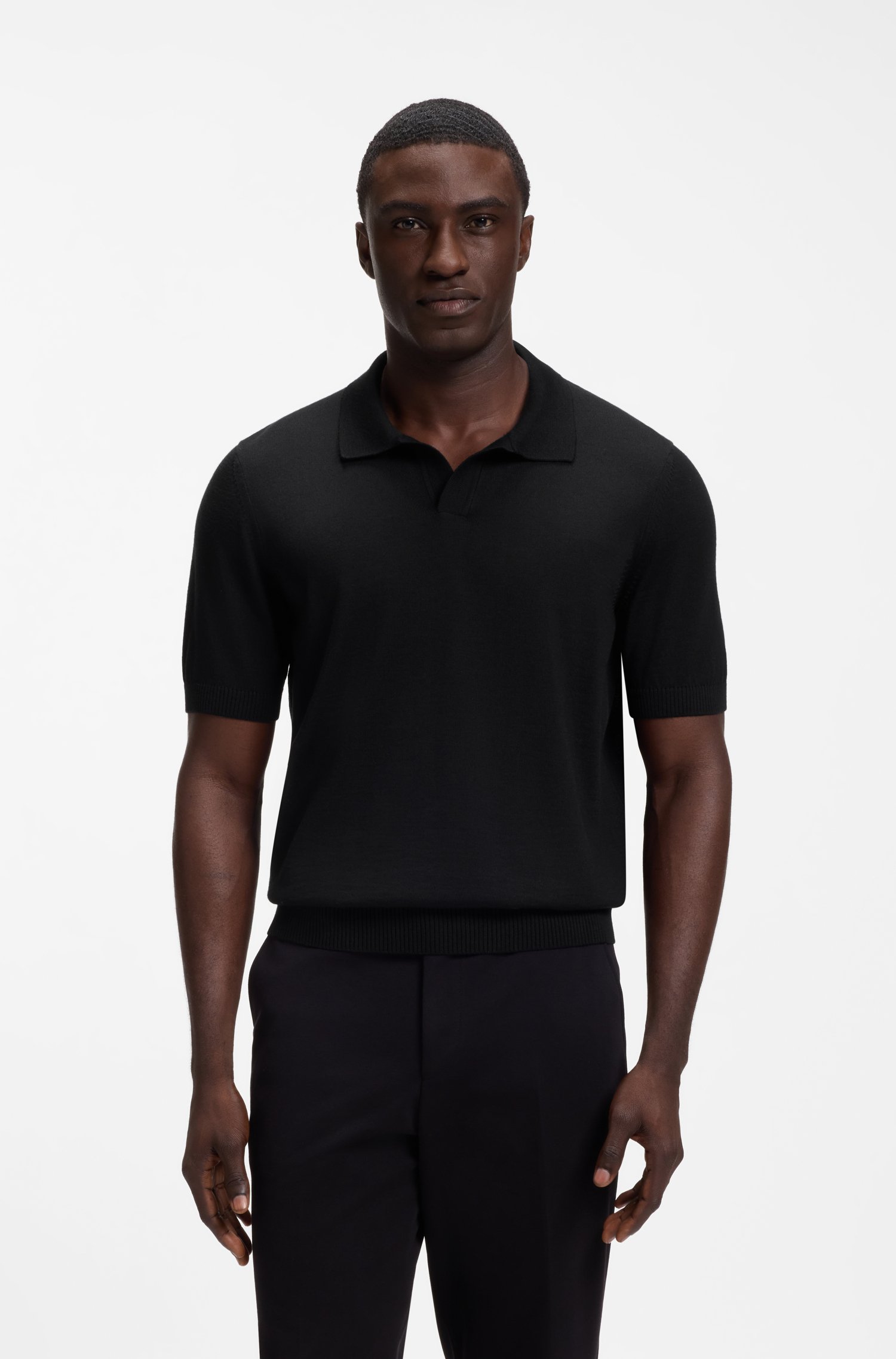 Boss Merino-wool knit polo with Johnny collar pikéer herr
