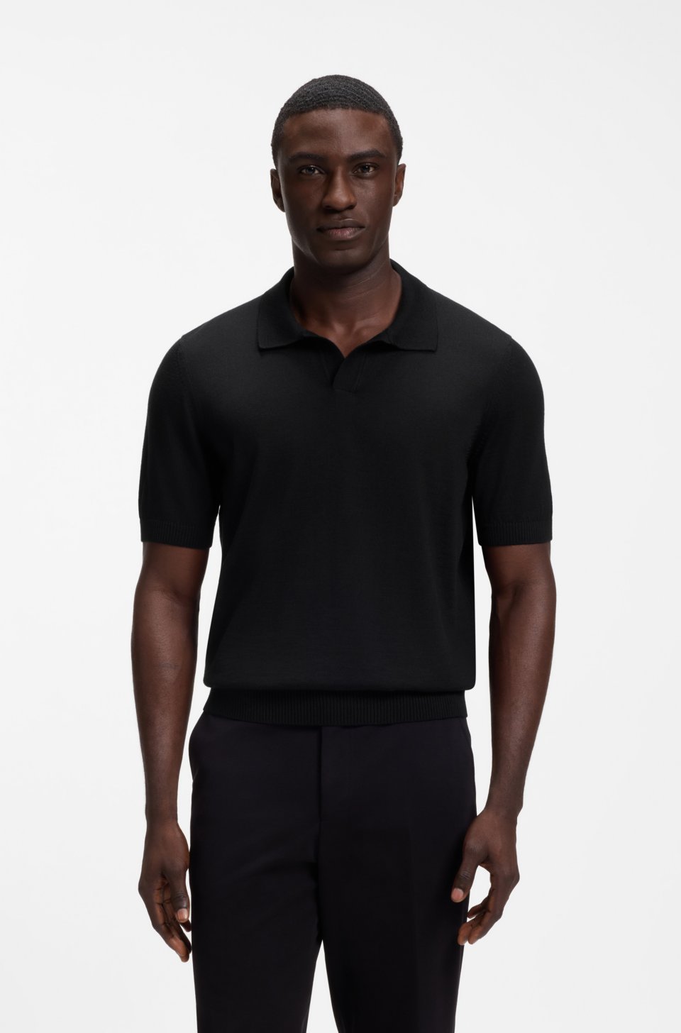 Merino-wool knit polo with Johnny collar