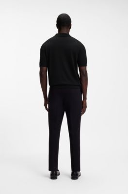 Merino-wool knit polo with Johnny collar, Black