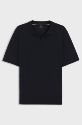 Merino-wool knit polo with Johnny collar, Dark Blue