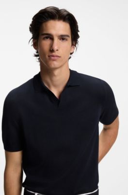 Merino-wool knit polo with Johnny collar, Dark Blue