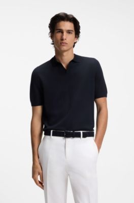 Merino-wool knit polo with Johnny collar, Dark Blue
