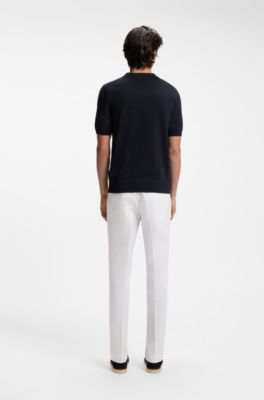 Merino-wool knit polo with Johnny collar, Dark Blue