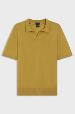 Merino-wool knit polo with Johnny collar, Gold