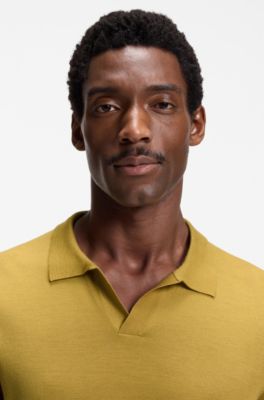 Merino-wool knit polo with Johnny collar, Gold