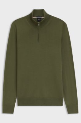 Merino-wool sweater with zip neck, Olive