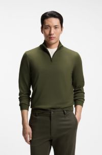 Merino-wool sweater with zip neck, Olive
