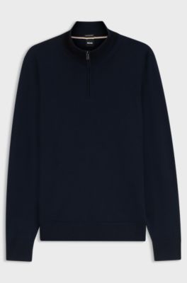 Merino-wool sweater with zip neck, Dark Blue