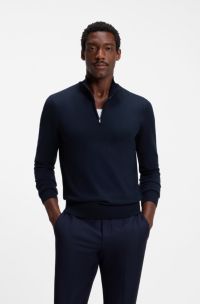 Merino-wool sweater with zip neck, Dark Blue