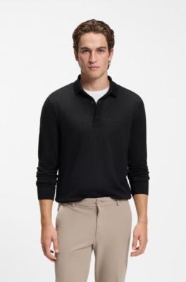 Regular-fit knit polo in merino wool, Black