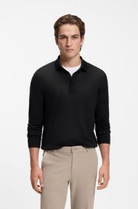 Long-sleeved polo sweater in Merino wool, Black