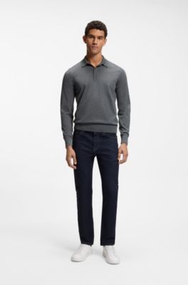 Long-sleeved polo sweater in Merino wool, Dark Grey