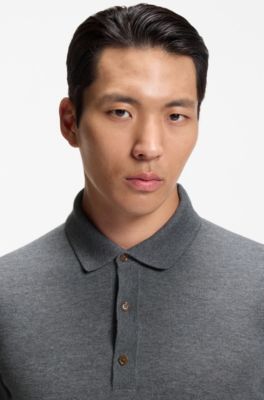 Regular-fit knit polo in merino wool, Dark Grey