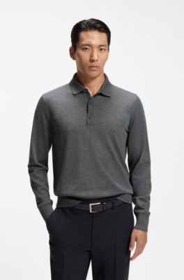 Regular-fit knit polo in merino wool, Dark Grey