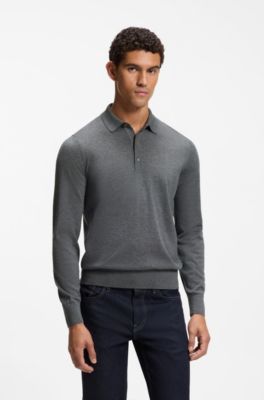 Long-sleeved polo sweater in Merino wool, Dark Grey