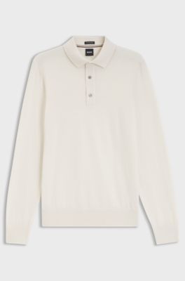 Long-sleeved polo sweater in Merino wool, Natural
