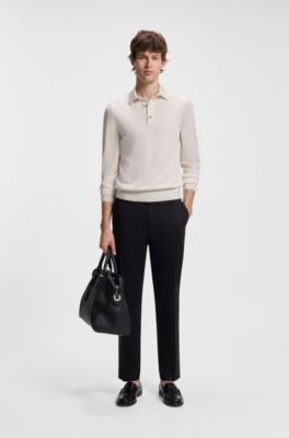 Long-sleeved polo sweater in Merino wool, Natural