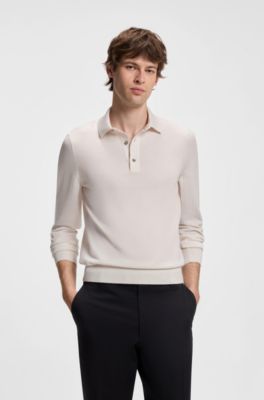 Long-sleeved polo sweater in Merino wool, Natural