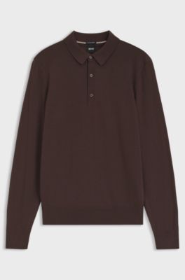 Long-sleeved polo sweater in Merino wool, Dark Brown