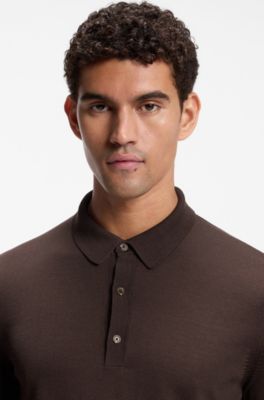 Long-sleeved polo sweater in Merino wool, Dark Brown
