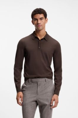 Long-sleeved polo sweater in Merino wool, Dark Brown