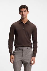 Regular-fit knit polo in merino wool, Dark Brown