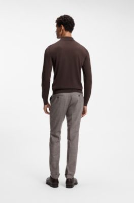 Long-sleeved polo sweater in Merino wool, Dark Brown