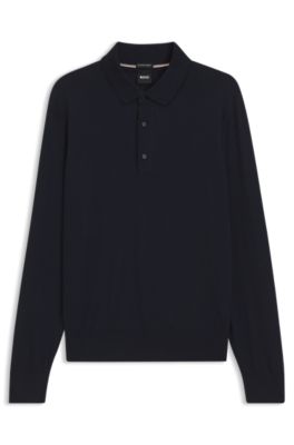 Regular-fit knit polo in merino wool, Dark Blue