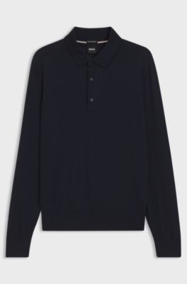 Regular-fit knit polo in merino wool, Dark Blue