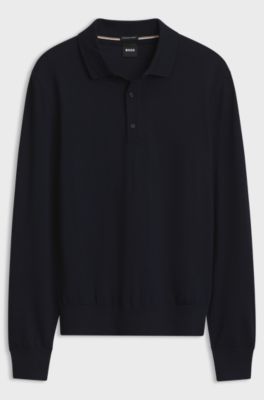 Long-sleeved polo sweater in Merino wool, Dark Blue