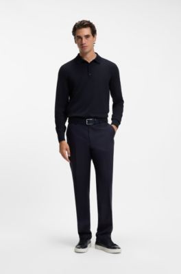 Long-sleeved polo sweater in Merino wool, Dark Blue
