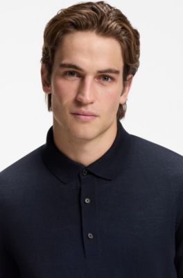 Regular-fit knit polo in merino wool, Dark Blue