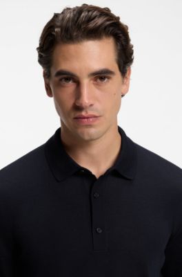Long-sleeved polo sweater in Merino wool, Dark Blue