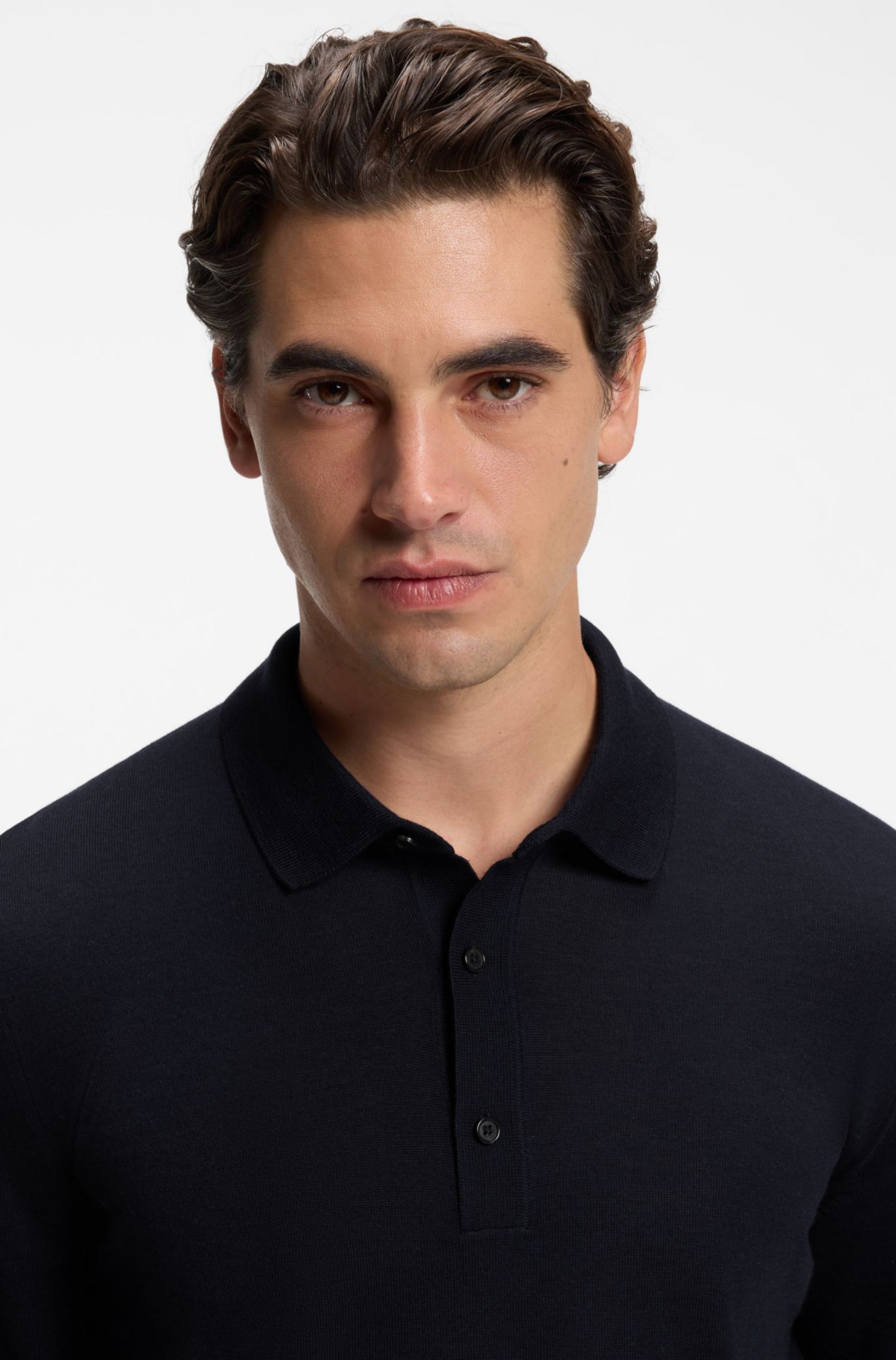 Merino-wool polo sweater, Dark Blue