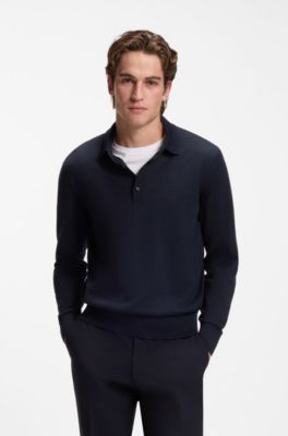 Regular-fit knit polo in merino wool, Dark Blue