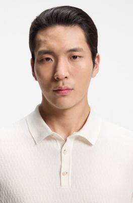 Regular-fit knit polo in structured fabric, Natural