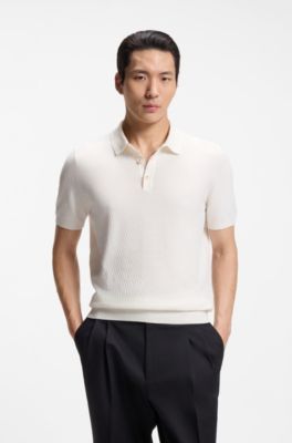 Regular-fit knit polo in structured fabric, Natural