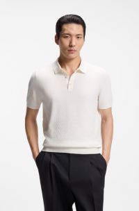 Regular-fit knit polo in structured fabric, Natural